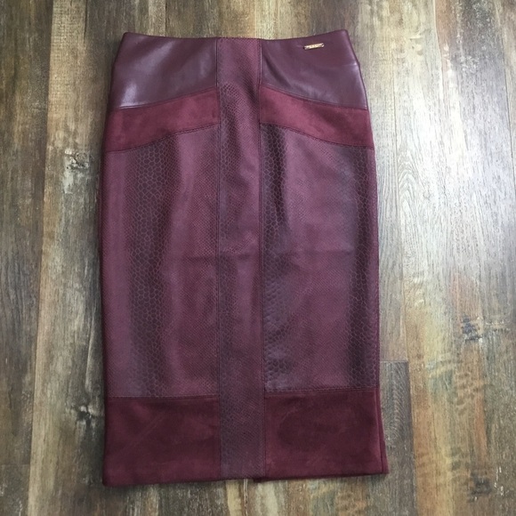 MARC New York By Andrew Marc Patchwork MIDI Pencil Skirt Deep Burgundy - Picture 2 of 11